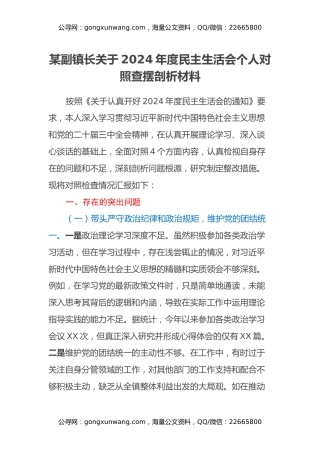 某副镇长关于2024年度民主生活会个人对照查摆剖析材料（四个带头+违纪行为典型案例剖析）
