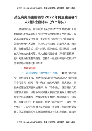 某区商务局主要领导2022年民主生活会个人对照检查材料（六个带头）