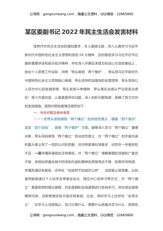 某区委副书记2022年民主生活会发言材料