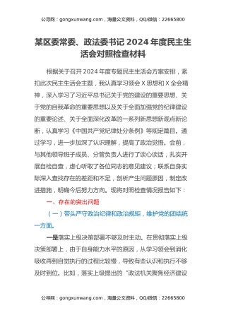 某区委常委、政法委书记2024年度民主生活会对照检查材料（四个带头+典型案例剖析）