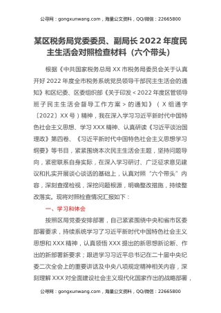 某区税务局党委委员、副局长2022年度民主生活会对照检查材料（六个带头）