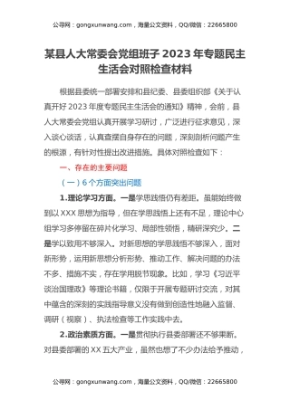 某县人大常委会党组班子2023年专题民主生活会对照检查材料(1)