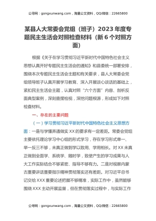某县人大常委会党组（班子）2023年度专题民主生活会对照检查材料（新6个对照方面）