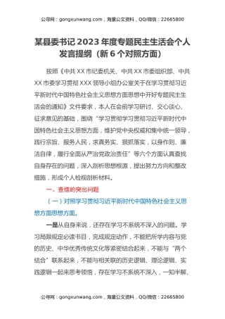 某县委书记2023年度专题民主生活会个人发言提纲（新6个对照方面）