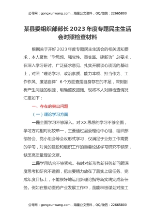 某县委组织部部长2023年度专题民主生活会对照检查材料