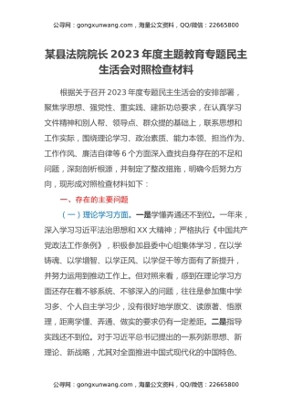 某县法院院长2023年度主题教育专题民主生活会对照检查材料