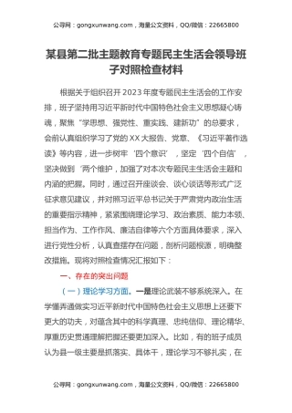 某县第二批主题教育专题民主生活会领导班子对照检查材料