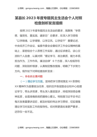 某县长2023年度专题民主生活会个人对照检查剖析发言提纲