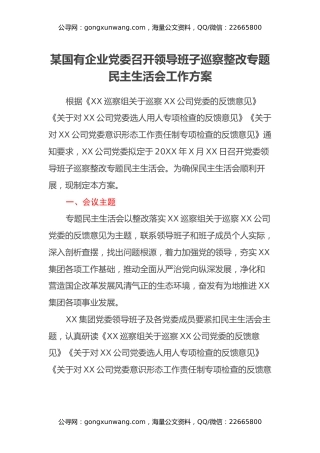 某国有企业党委召开领导班子巡察整改专题民主生活会工作方案
