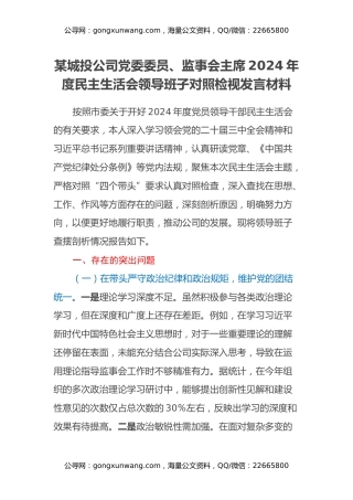某城投公司党委委员、监事会主席2024年度民主生活会领导班子对照检视发言材料（四个带头+违纪行为典型案例剖析）