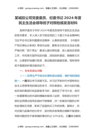 某城投公司党委委员、纪委书记2024年度民主生活会领导班子对照检视发言材料（四个带头+典型案例剖析及自身差距不足）