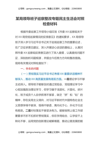 某局领导班子巡察整改专题民主生活会对照检查材料