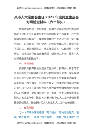 某市人大常委会主任2022年度民主生活会对照检查材料（六个带头）