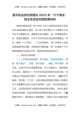 某市农业农村局局长2022年“六个带头”民主生活会对照检查材料