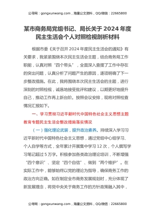 某市商务局党组书记、局长关于2024年度民主生活会个人对照检视剖析材料（主题教育整改措施落实情况+四个带头+典型案例剖析，反思自身不足）