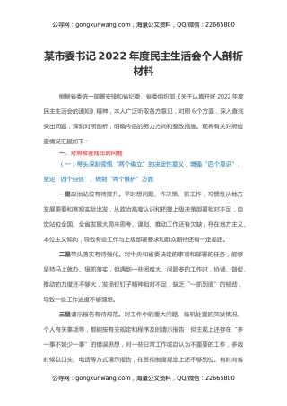 某市委书记2022年度民主生活会个人剖析材料
