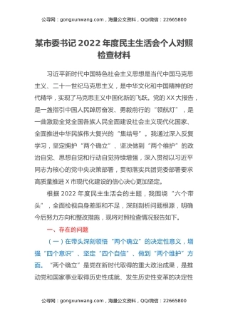 某市委书记2022年度民主生活会个人对照检查材料