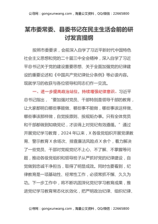 某市委常委、县委书记在民主生活会前的研讨发言提纲