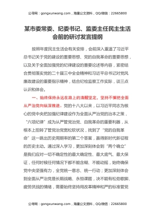 某市委常委、纪委书记、监委主任民主生活会前的研讨发言提纲