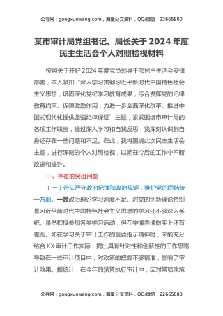 某市审计局党组书记、局长关于2024年度民主生活会个人对照检视材料（四个带头）