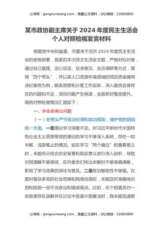 某市政协副主席关于2024年度民主生活会个人对照检视发言材料（四个带头+违纪行为典型案例剖析）