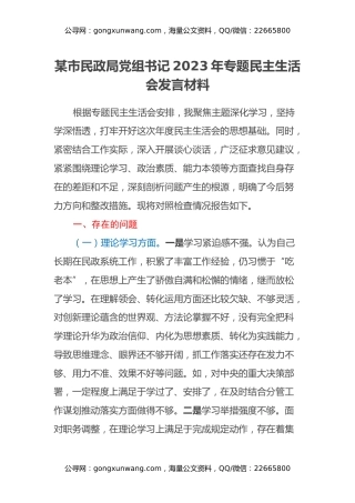 某市民政局党组书记2023年专题民主生活会发言材料