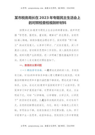 某市税务局长在2023年专题民主生活会上的对照检查检视剖析材料