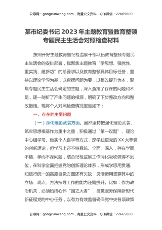 某市纪委书记2023年主题教育暨教育整顿专题民主生活会对照检查材料