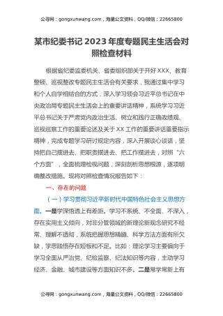 某市纪委书记2023年度专题民主生活会对照检查材料（新6个对照方面＋典型案例剖析）