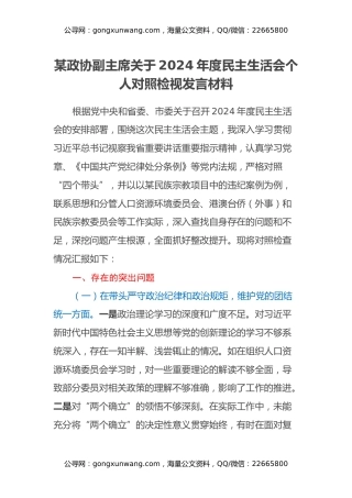 某政协副主席关于2024年度民主生活会个人对照检视发言材料（四个带头+违纪行为典型案例剖析）