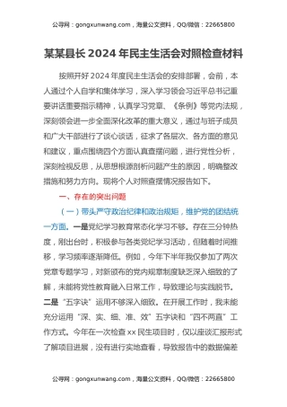 某某县长2024年民主生活会对照检查材料（四个带头）