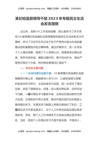 某纪检监察领导干部2023年专题民主生活会发言提纲