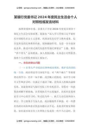 某银行党委书记2024年度民主生活会个人对照检视发言材料（四个带头+典型案例剖析）