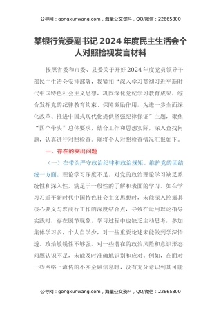 某银行党委副书记2024年度民主生活会个人对照检视发言材料（四个带头+典型案例剖析）