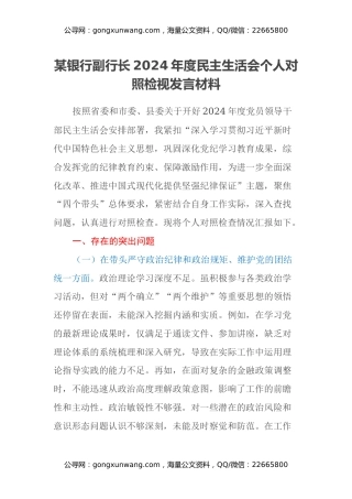 某银行副行长2024年度民主生活会个人对照检视发言材料（四个带头+典型案例剖析）