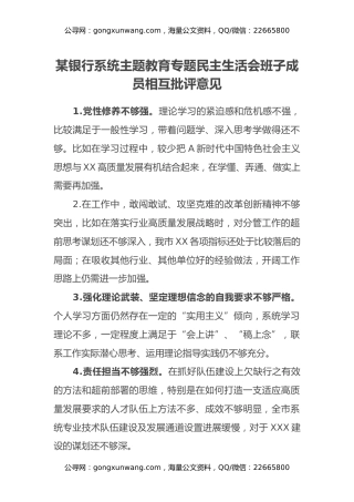 某银行系统主题教育专题民主生活会班子成员相互批评意见