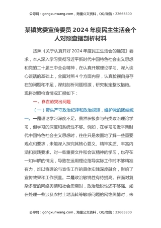 某镇党委宣传委员2024年度民主生活会个人对照查摆剖析材料（四个带头+违纪行为典型案例剖析）