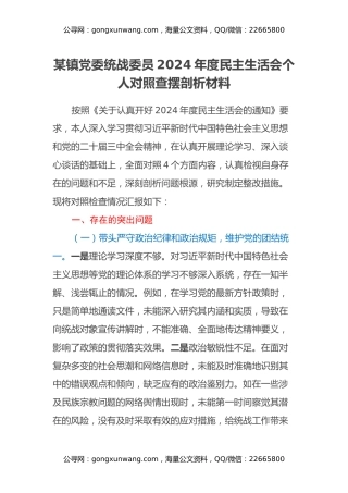 某镇党委统战委员2024年度民主生活会个人对照查摆剖析材料（四个带头+违纪行为典型案例剖析）