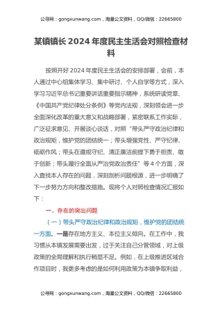 某镇镇长2024年度民主生活会对照检查材料（四个带头+反面典型案例剖析）