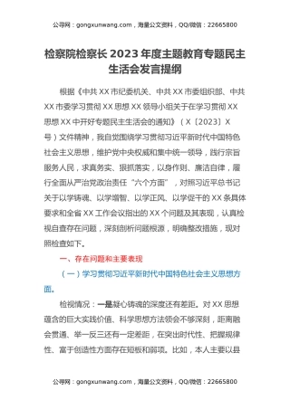 检察院检察长2023年度主题教育专题民主生活会发言提纲（七个方面、反面典型案例剖析）