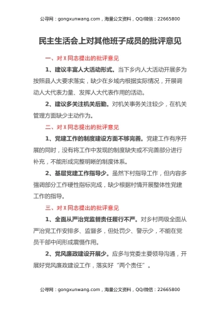 民主生活会上对其他班子成员的批评意见