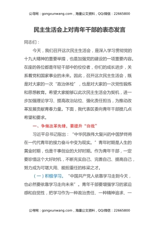 民主生活会上对青年干部的表态发言