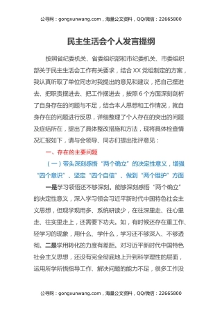 民主生活会个人发言提纲（5）