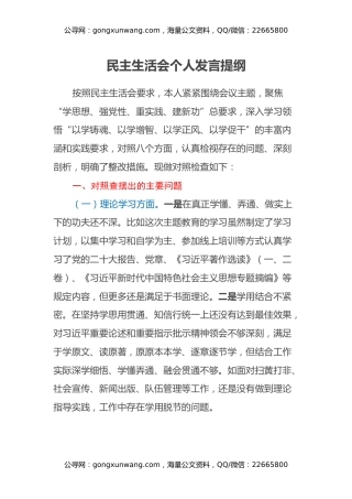 民主生活会个人发言提纲（七个方面）