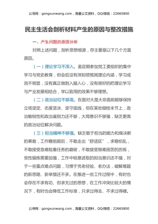 民主生活会剖析材料产生的原因与整改措施