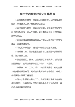 民主生活会批评意见汇集整理