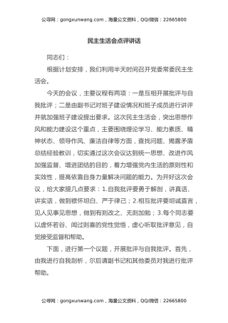 民主生活会点评讲话