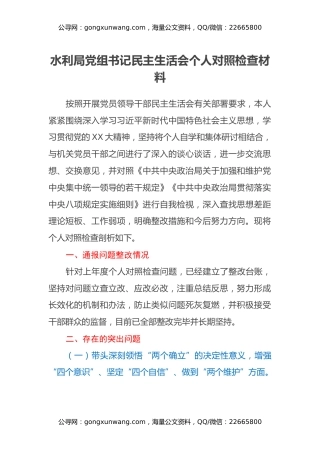 水利局党组书记民主生活会个人对照检查材料