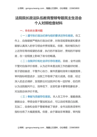 法院院长政法队伍教育整顿专题民主生活会个人对照检查材料