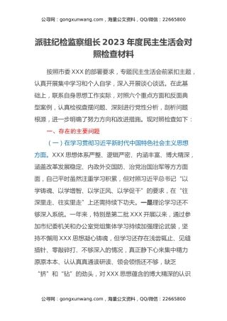 派驻纪检监察组长2023年度民主生活会对照检查材料（新6个对照方面＋典型案例剖析）